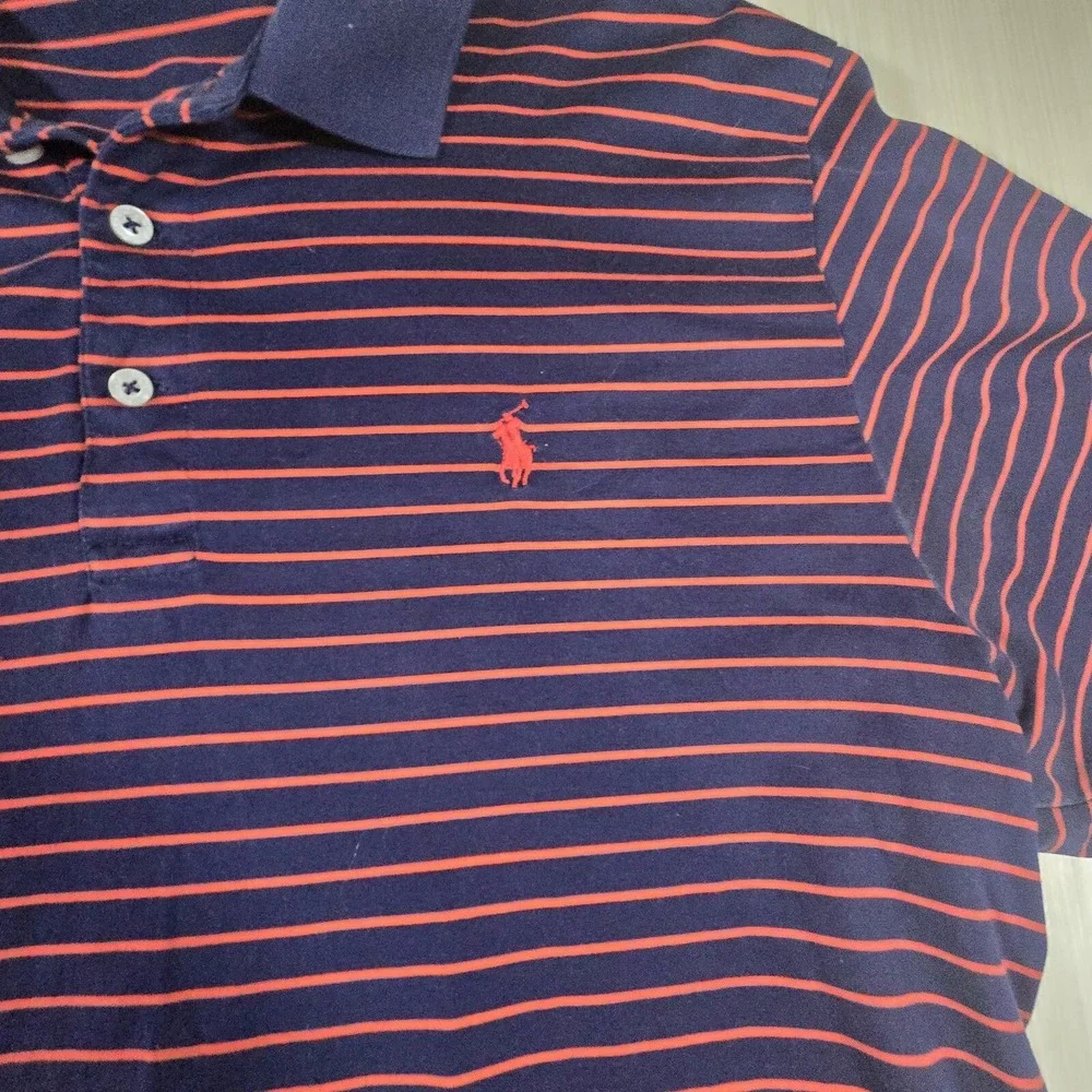 Polo Ralph Lauren Polo Shirt Men's Navy‎ Orange Striped Cotton Golf High-Low Hem